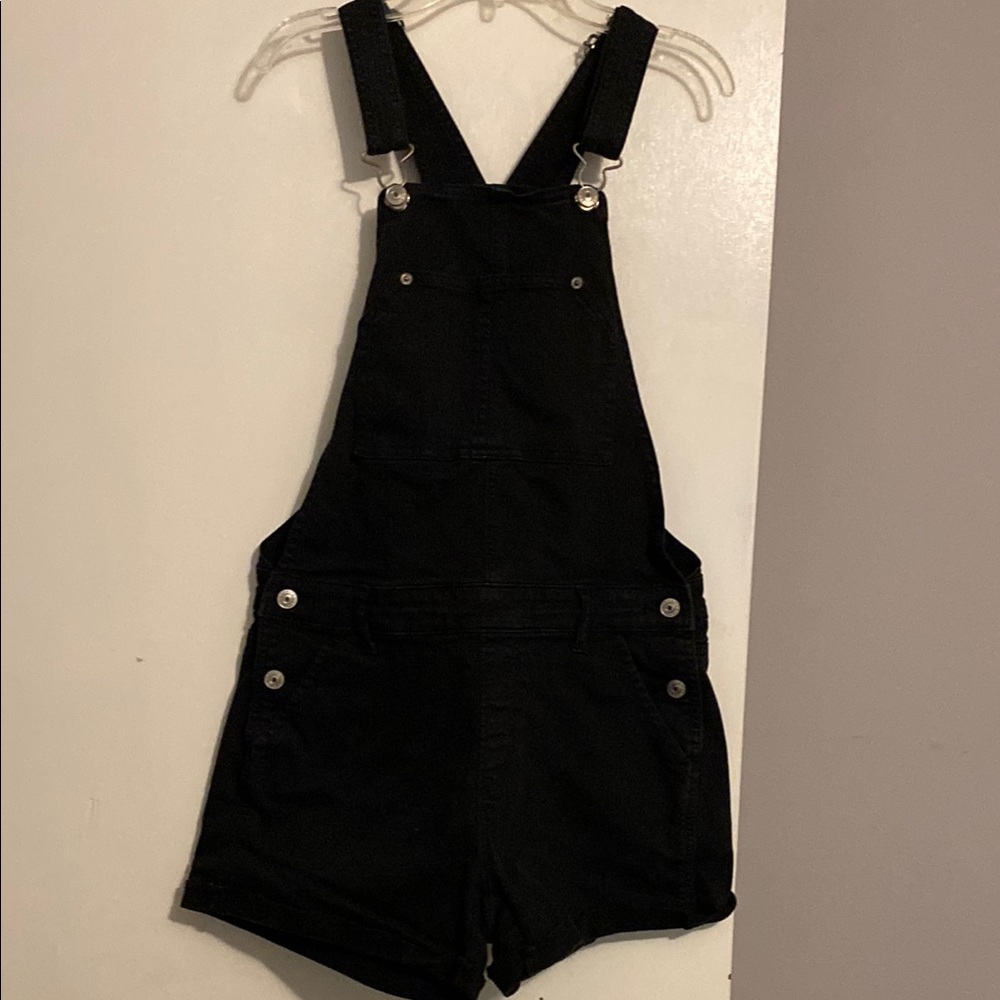 American Eagle Black Denim Cuffed Overalls Shorts